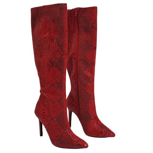 INC Red Snake Print Knee-High Stiletto Boots 5 - Picture 1 of 8